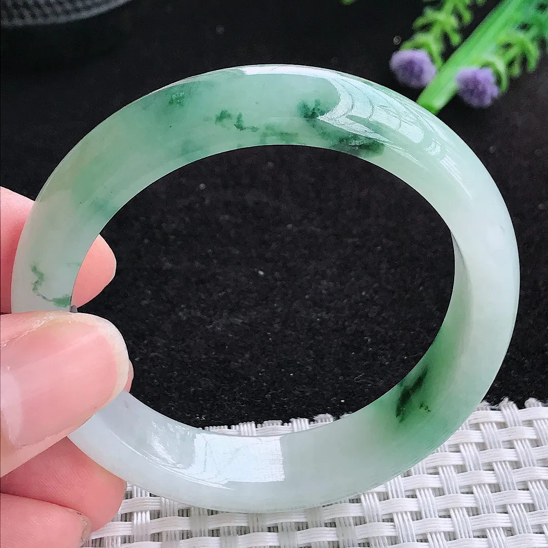 自然光51.8/12.6/7.7老坑冰润水灵飘花手镯小圈口玉镯百搭