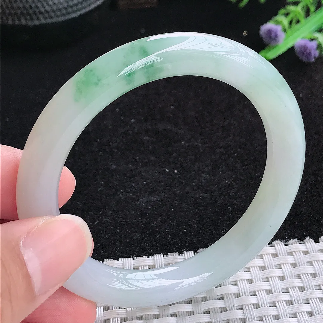 自然光52/9/9.2老坑冰胶水灵飘花圆条手镯玉镯百搭
