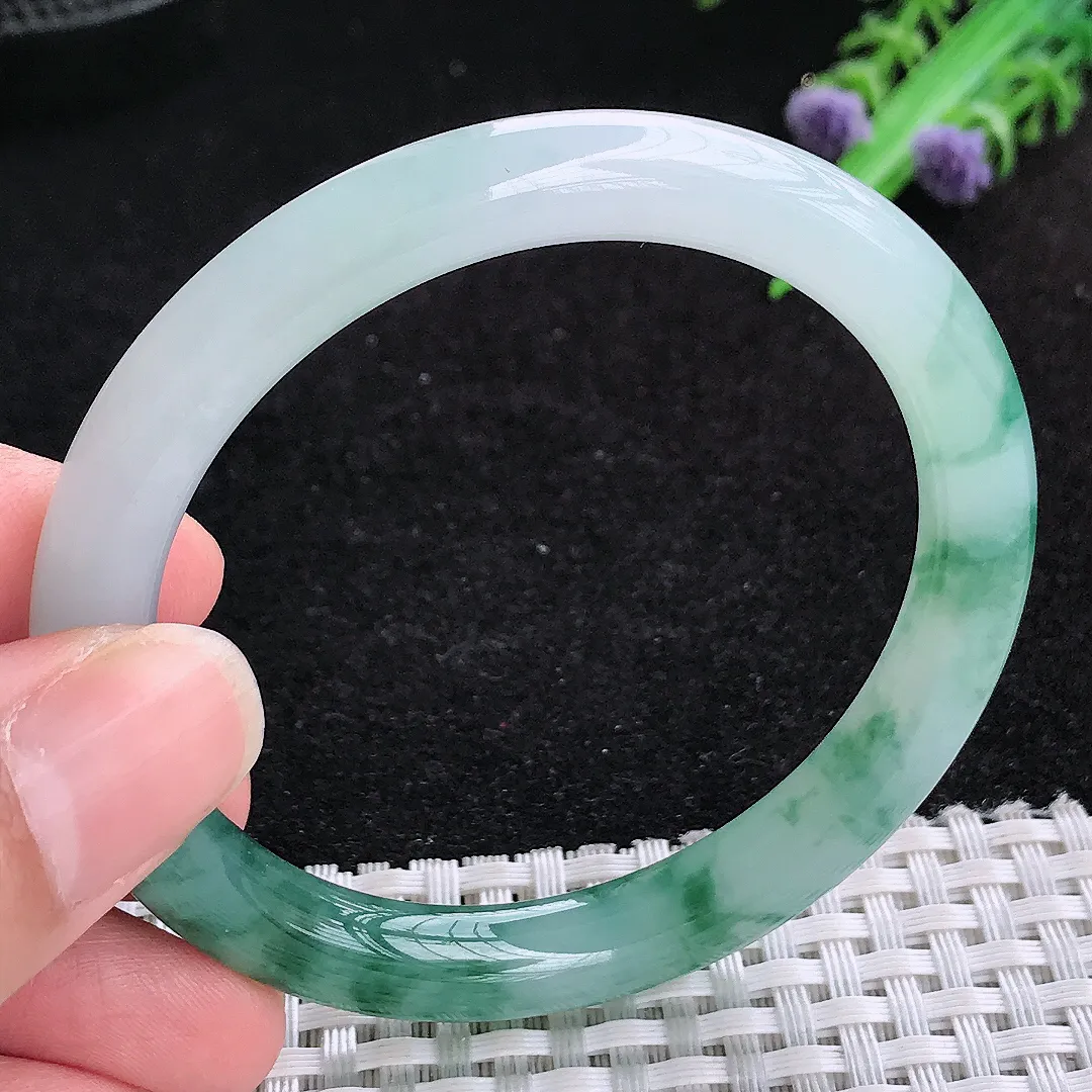 自然光53/8.3/8老坑冰胶水灵飘蓝花圆条手镯玉镯百搭