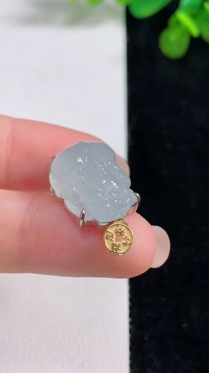 天然A货翡翠种白冰貔貅吊坠，尺寸19.8-13-9.4，重量:5.26g
8月13日