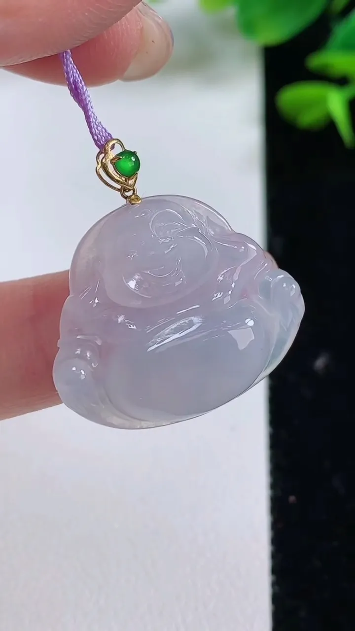 天然A货翡翠18k金紫罗兰佛公吊坠，尺寸21.2-25.7-5，重量:4.45g
8月15日