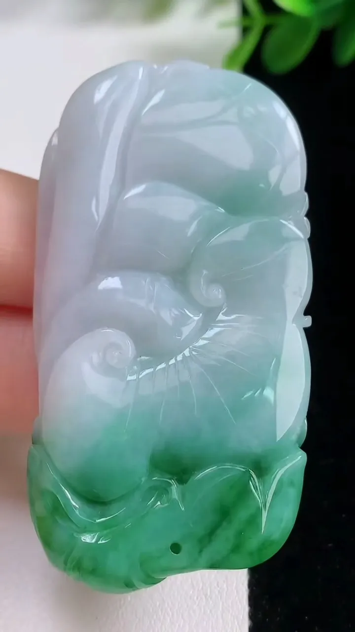 天然A货翡翠荷叶鱼吊坠，尺寸62-32-10，重:40.53g
8月17日