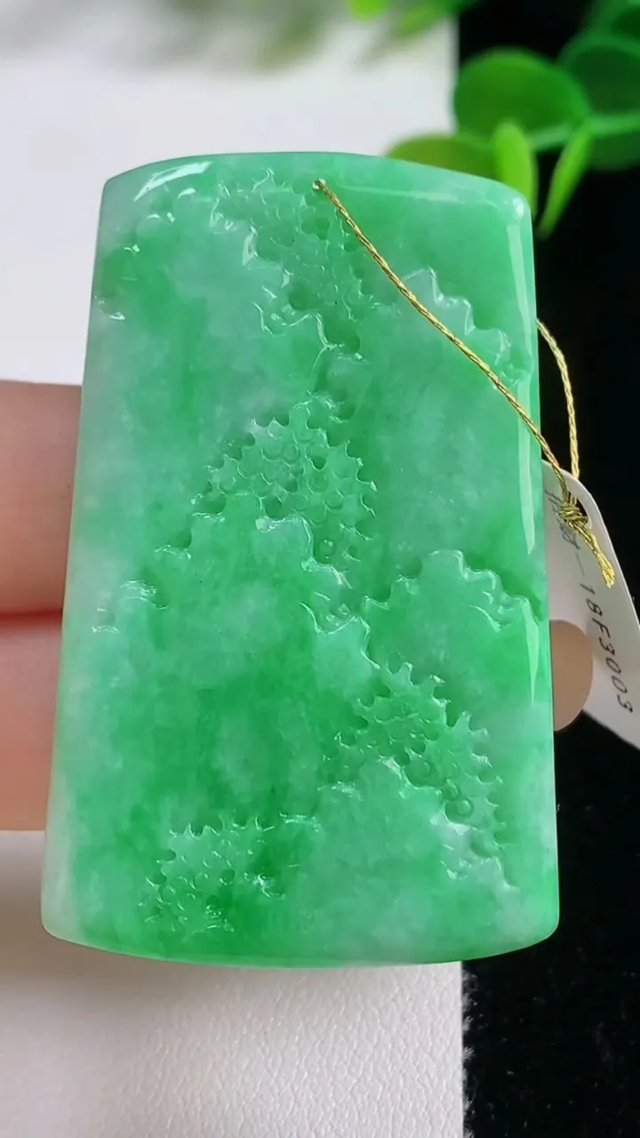 天然A货翡翠山水牌吊坠，尺寸51.8-32.2-6.7，重量:29.53g
8月20日