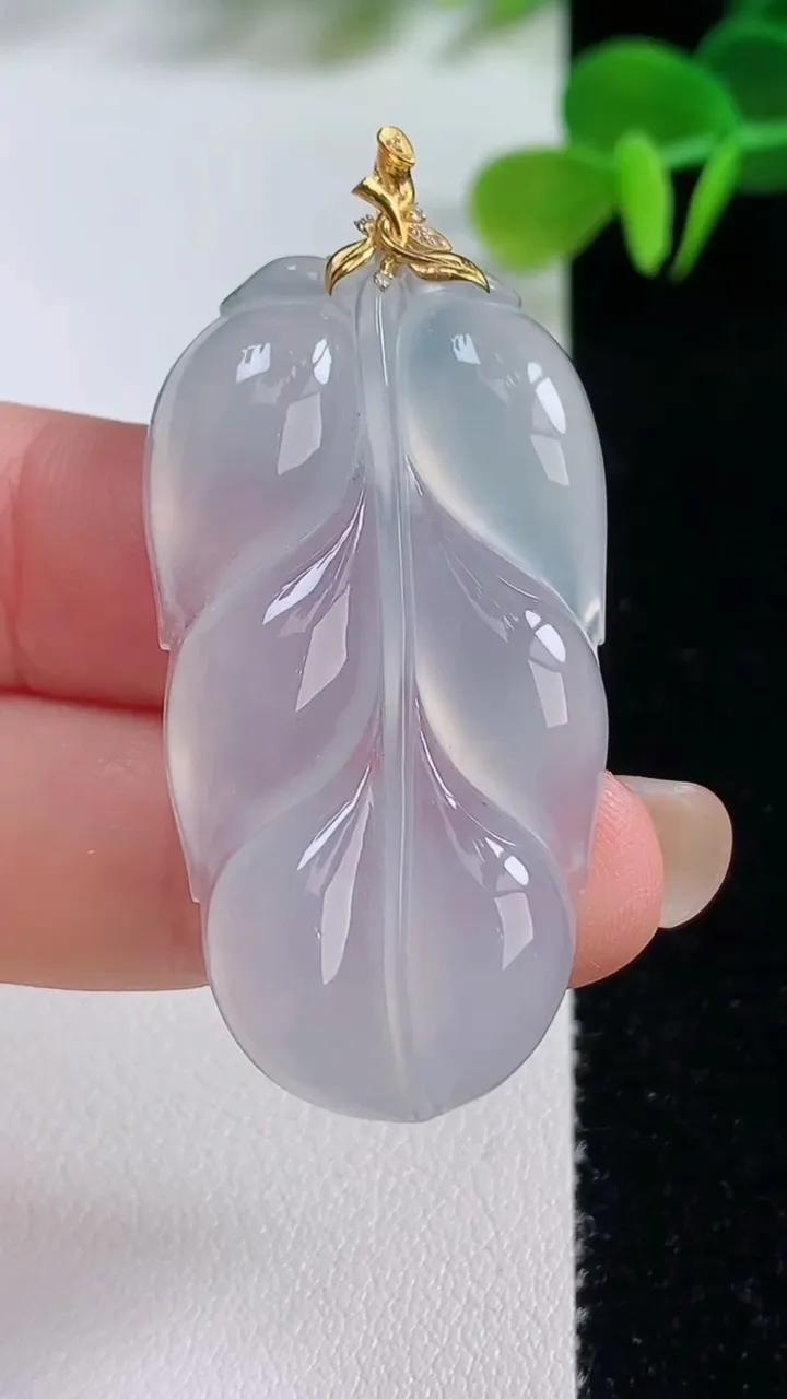 天然A货翡翠种白冰金枝玉叶 叶子吊坠，尺寸42.5-22.8-5，重量:10.70g
8月20日