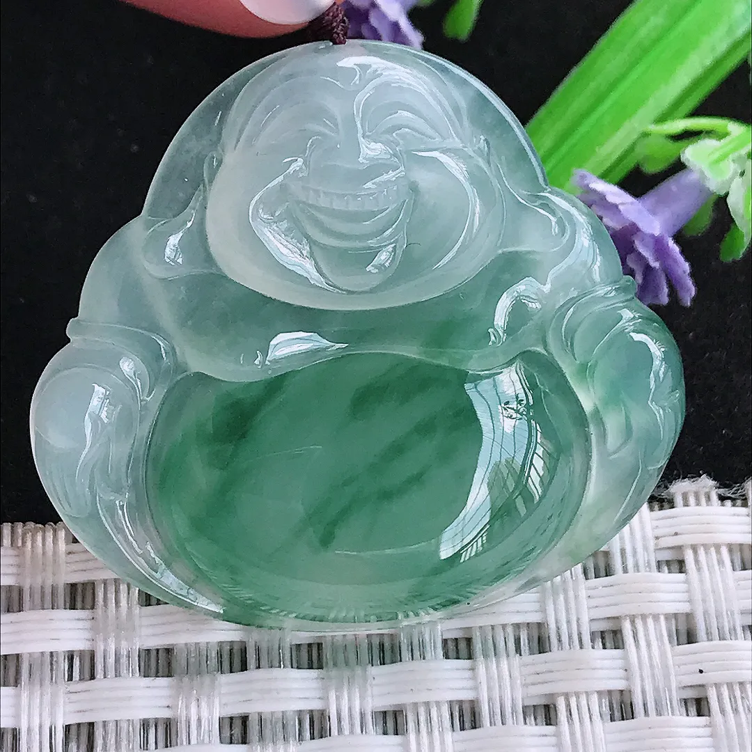 自然光32.2/36/6.8老坑冰种果冻胶冰纯飘花佛公吊坠翡翠玉佛顶珠为装饰珠