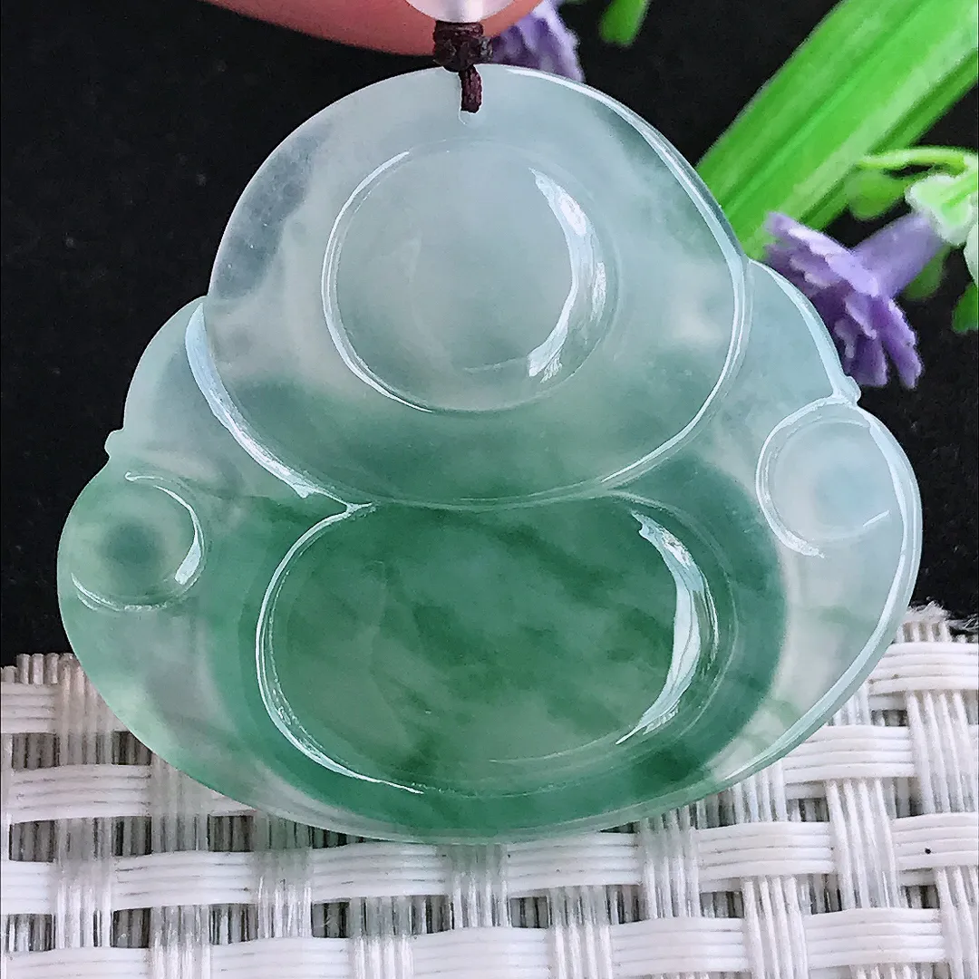 自然光32.2/36/6.8老坑冰种果冻胶冰纯飘花佛公吊坠翡翠玉佛顶珠为装饰珠