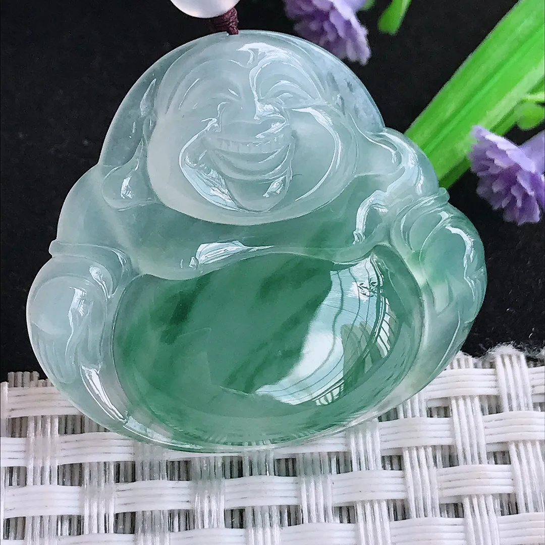 自然光32.2/36/6.8老坑冰种果冻胶冰纯飘花佛公吊坠翡翠玉佛顶珠为装饰珠