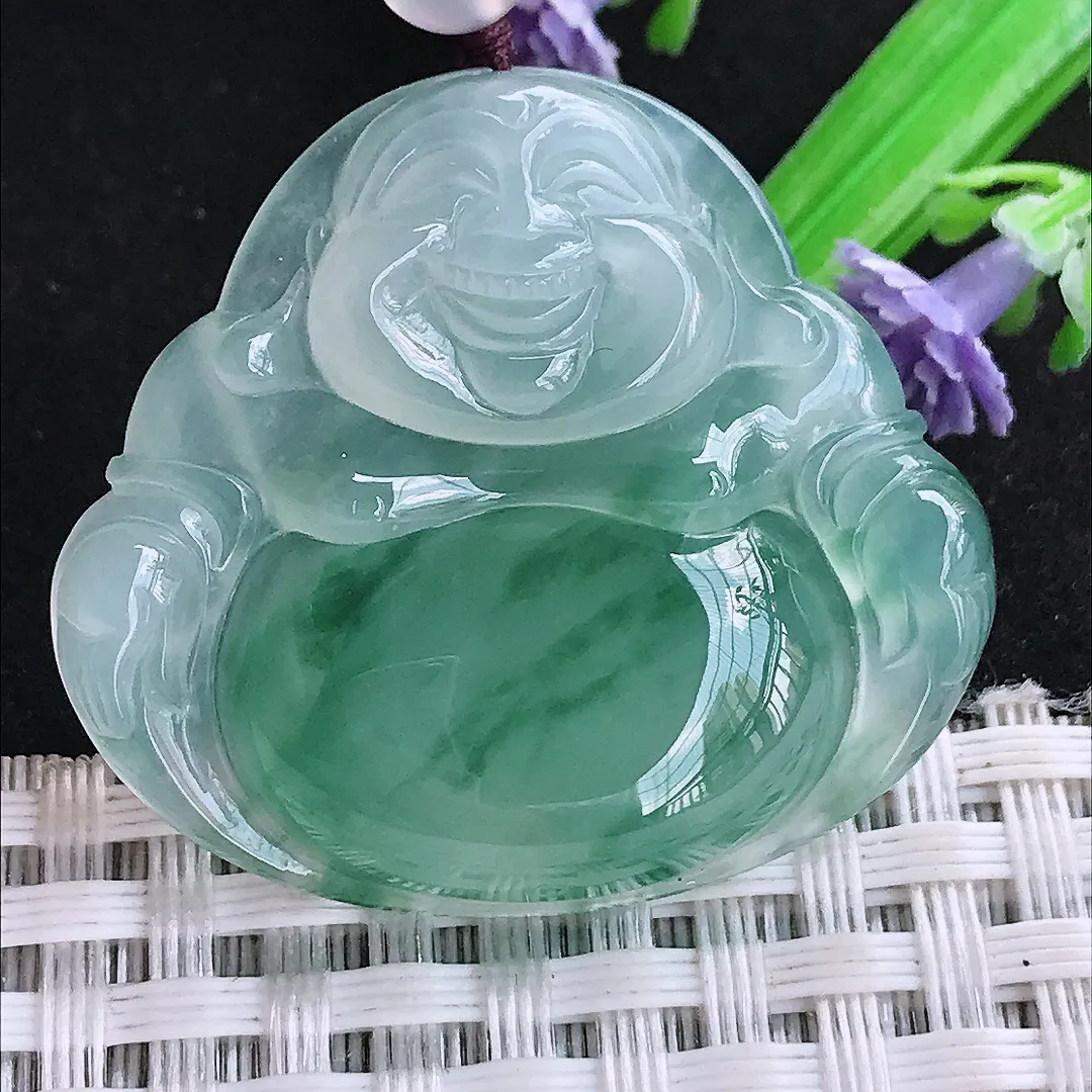 自然光32.2/36/6.8老坑冰种果冻胶冰纯飘花佛公吊坠翡翠玉佛顶珠为装饰珠