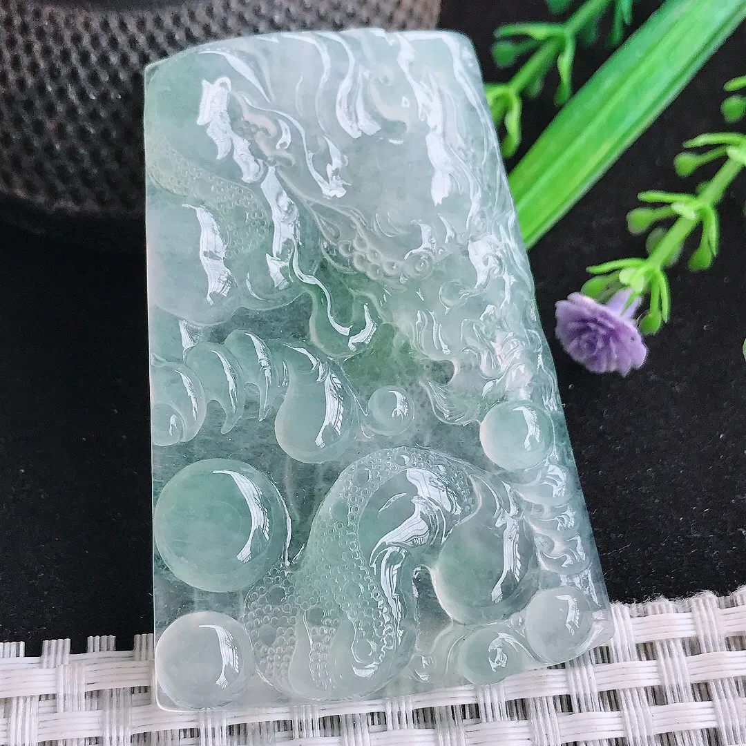自然光60/41/5.5老坑冰种果冻胶冰飘花龙牌吊坠翡翠玉坠