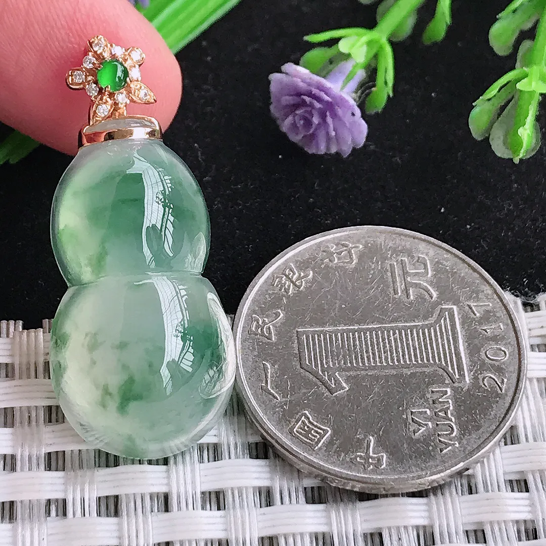 自然光28/15/8老坑18k金镶嵌冰种果冻胶冰飘花葫芦吊坠翡翠玉坠女士