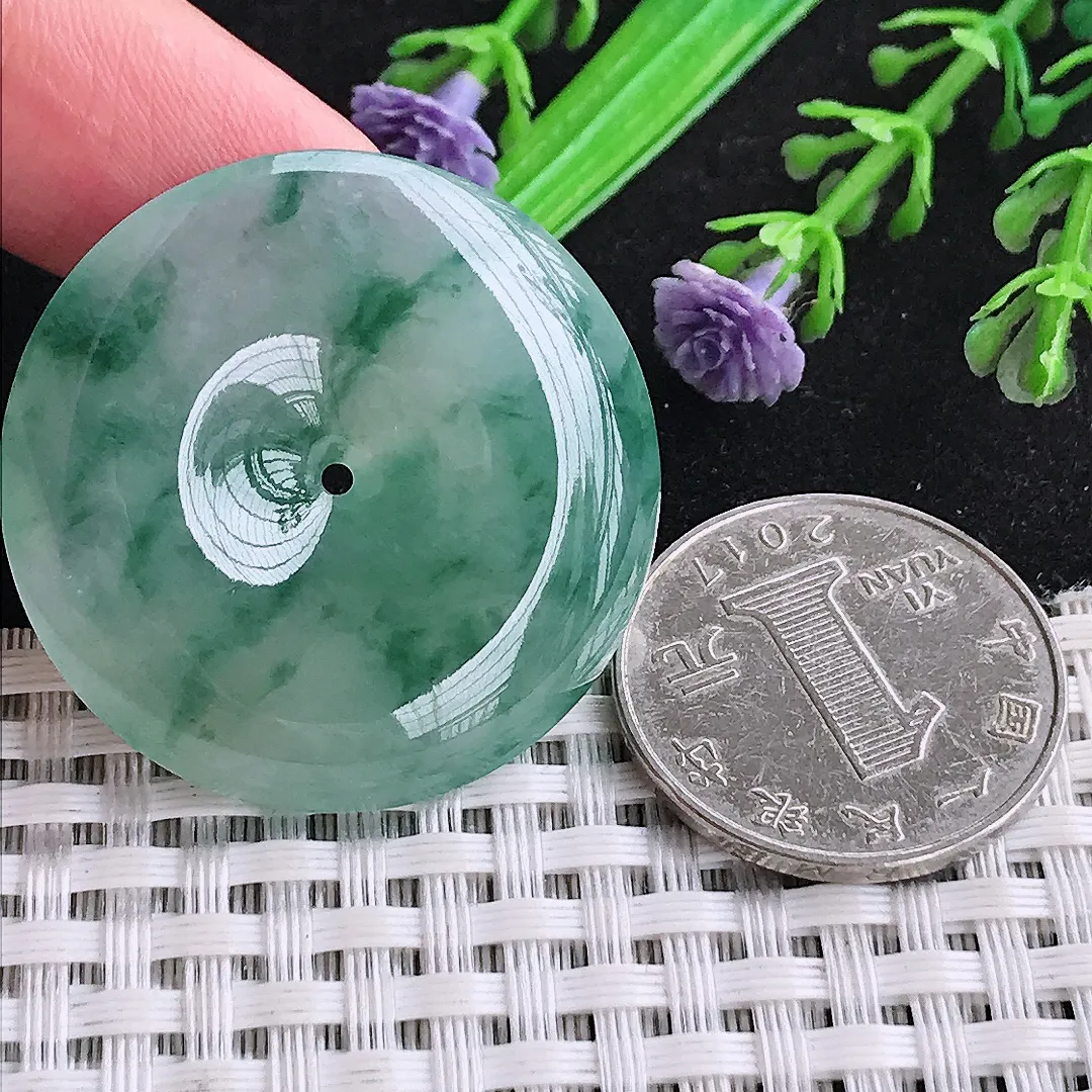 自然光35.2/6.2老坑冰种果冻胶冰飘花平安扣吊坠翡翠玉坠