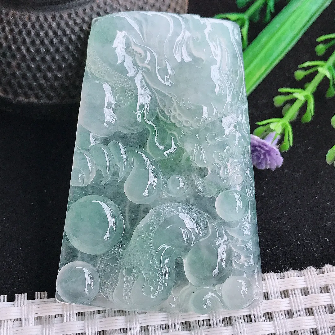 自然光60/41/5.5老坑冰种果冻胶冰飘花龙牌吊坠翡翠玉坠