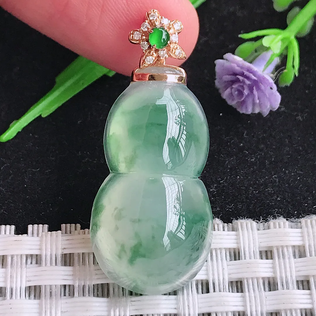 自然光28/15/8老坑18k金镶嵌冰种果冻胶冰飘花葫芦吊坠翡翠玉坠女士