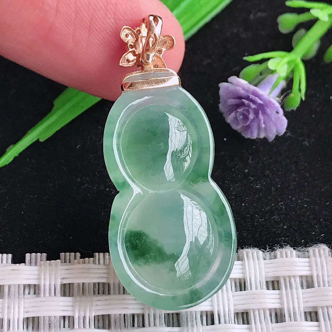 自然光28/15/8老坑18k金镶嵌冰种果冻胶冰飘花葫芦吊坠翡翠玉坠女士