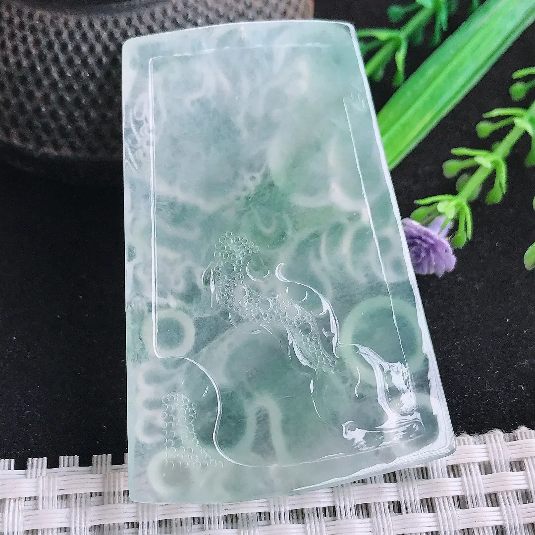 自然光60/41/5.5老坑冰种果冻胶冰飘花龙牌吊坠翡翠玉坠