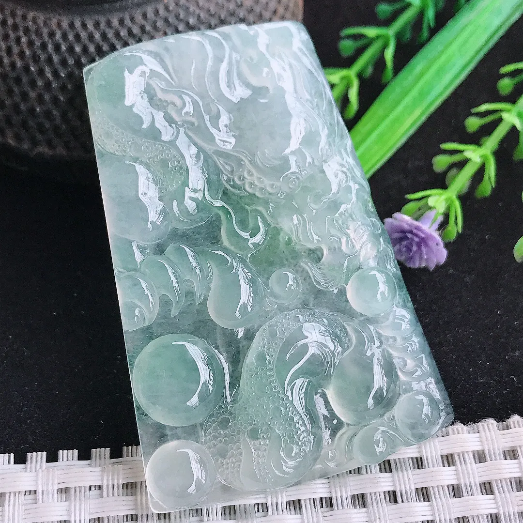自然光60/41/5.5老坑冰种果冻胶冰飘花龙牌吊坠翡翠玉坠