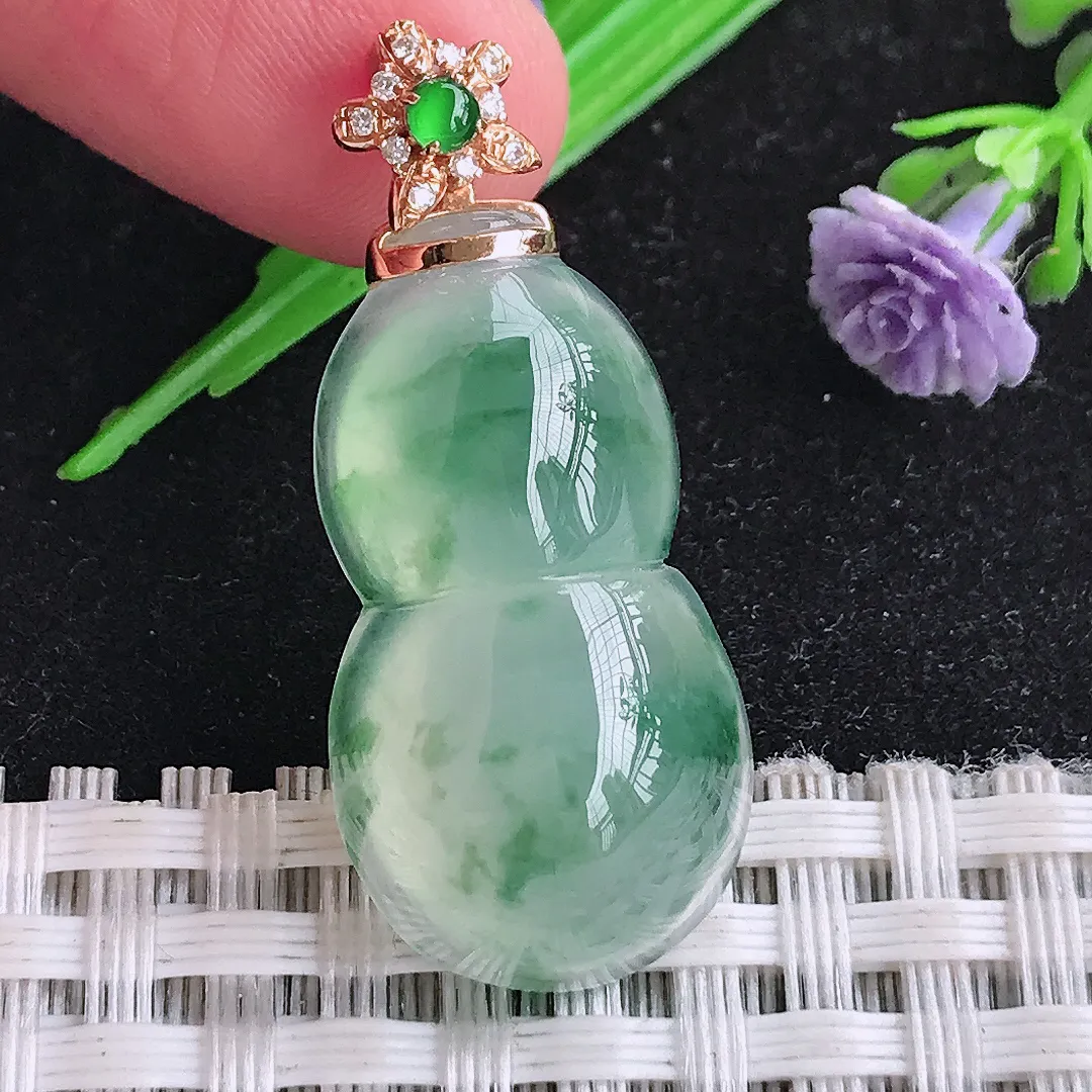 自然光28/15/8老坑18k金镶嵌冰种果冻胶冰飘花葫芦吊坠翡翠玉坠女士