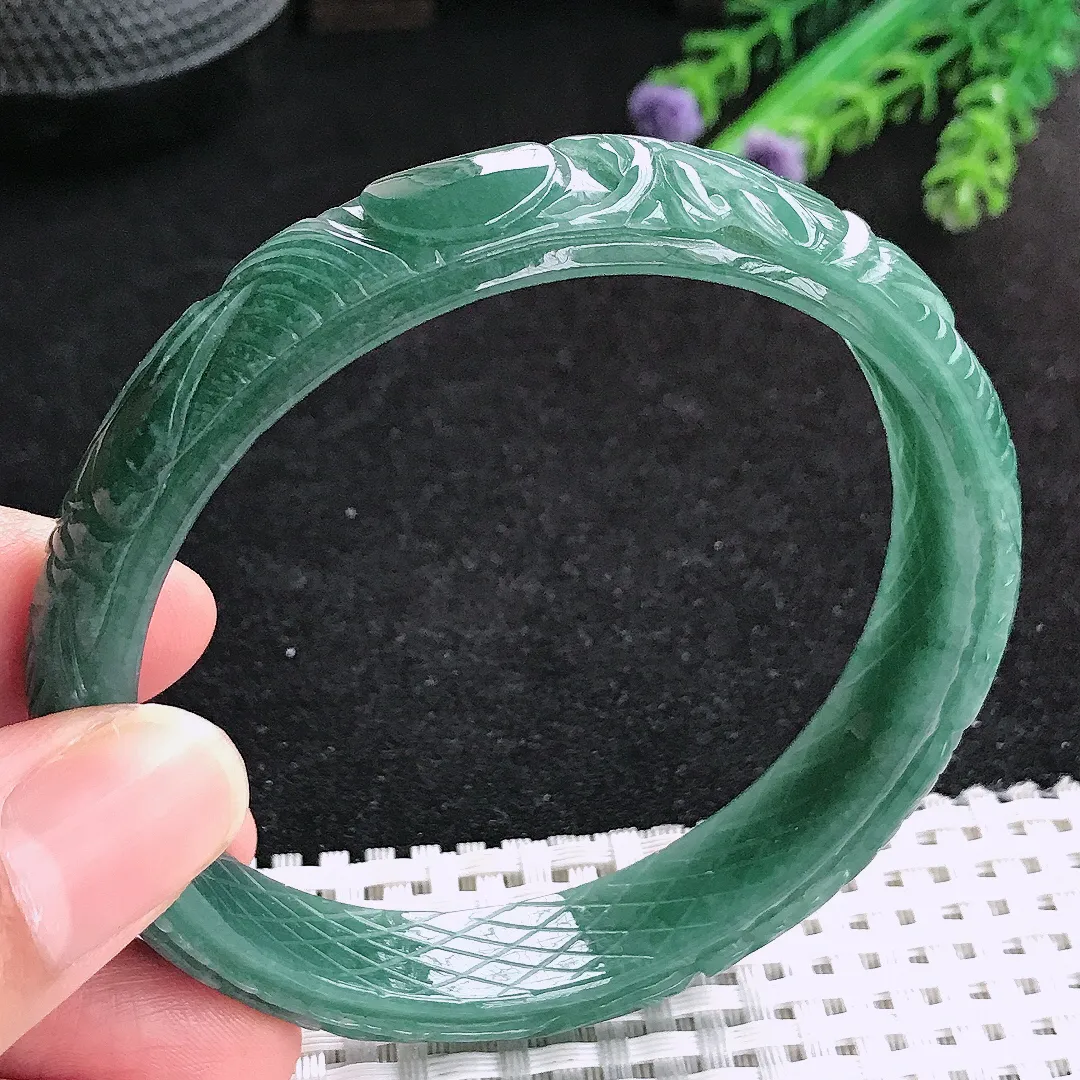 自然光61.5/11.8/7.2老坑精美温润满色雕花手镯翡翠玉镯百搭