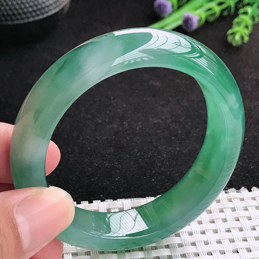 自然光53/14/8.6老坑冰胶果冻满色飘花手镯翡翠玉镯百搭