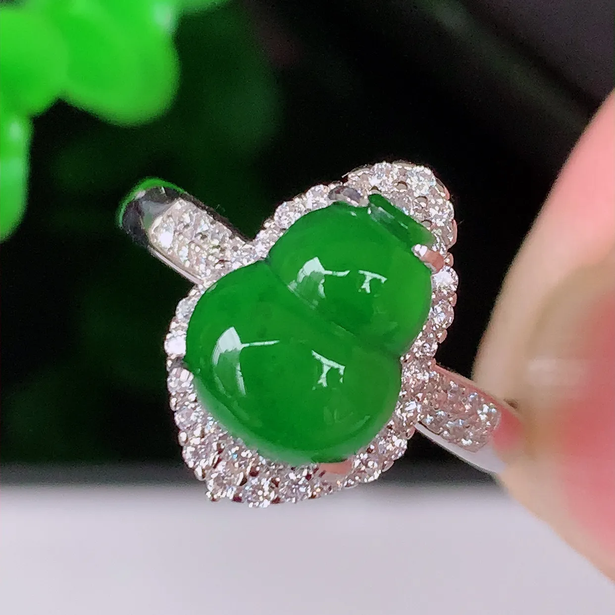 冰透满绿翡翠葫芦925银镶嵌戒指，自然光实拍，翠色灵动，颜色漂亮，种老水足，品相佳，佩戴佳品！#97.5（圈口可调大小）整体26.5*18*7.5裸石9.8*7.8