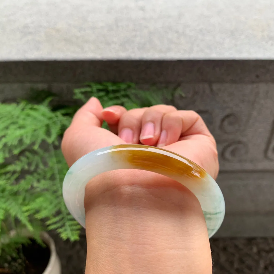 圈口54.8-9.4 【冰飘花黄翡圆条手镯】圆条54 55可戴