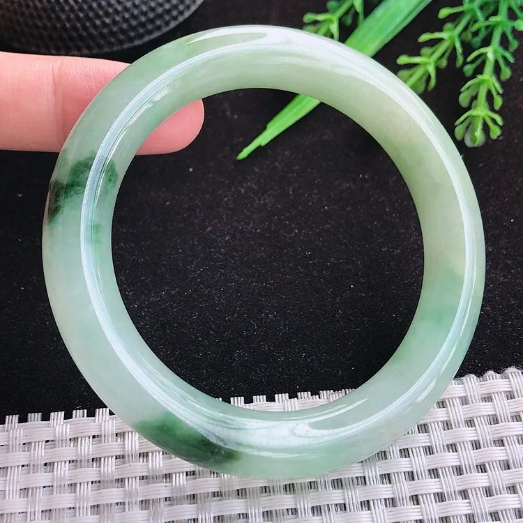 自然光57/11.2/10.8老坑冰润起胶飘花圆条手镯翡翠玉镯百搭