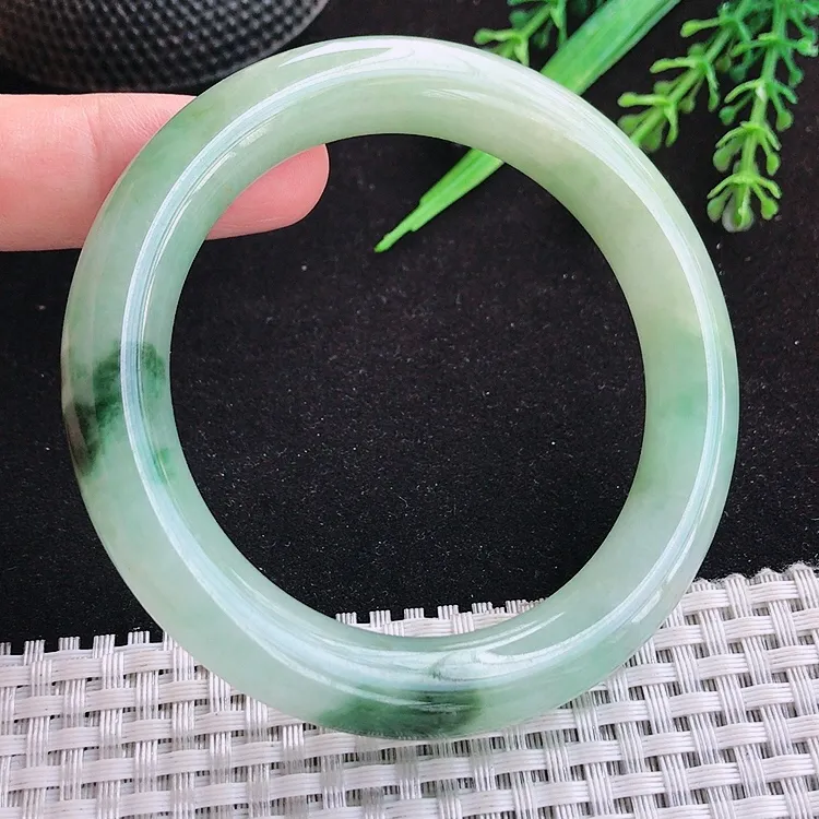 自然光57/11.2/10.8老坑冰润起胶飘花圆条手镯翡翠玉镯百搭
