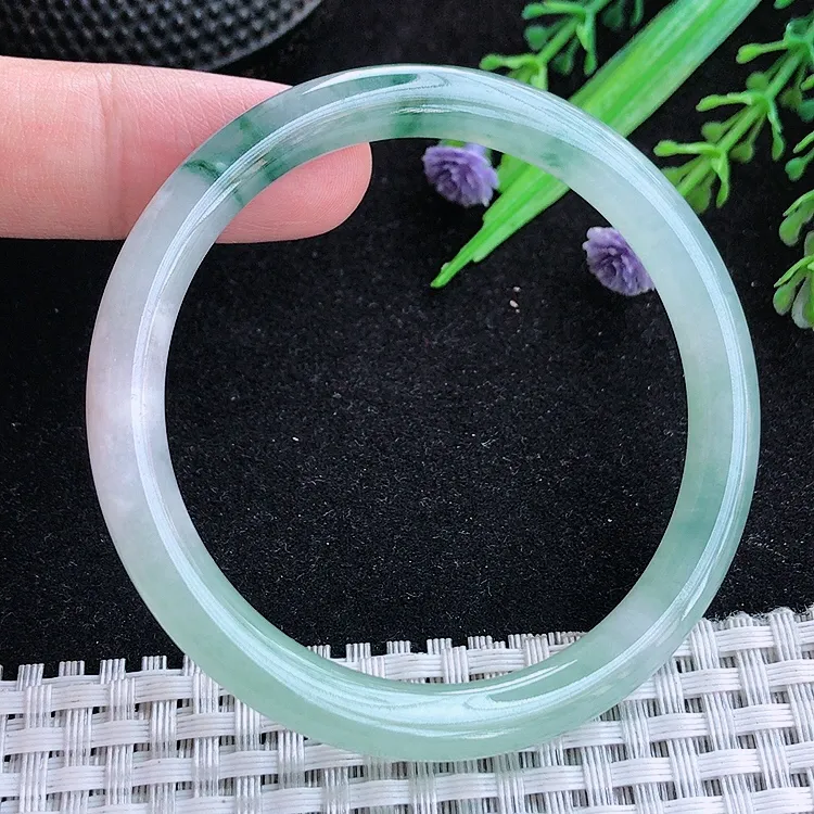 自然光52.5/7老坑冰胶果冻飘花圆条手镯翡翠玉镯百搭