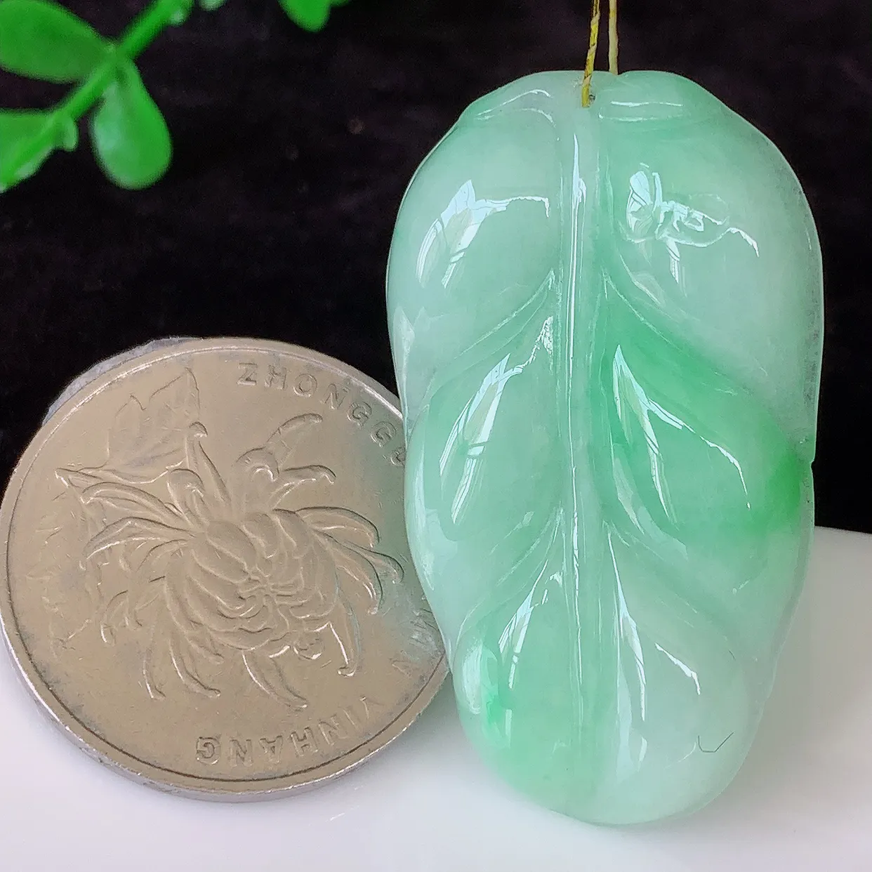 自然光实拍，冰胶飘绿叶子翡翠吊坠 ，种水足，色泽清新，工艺精湛，叶子寓意美好；金枝玉叶，事业有成。#35.7