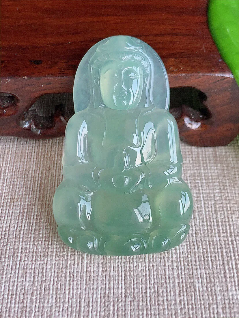 a货翡翠老坑冰种晴水正装观音吊坠 尺寸48.8×31×5mm 重量14.49g 0809