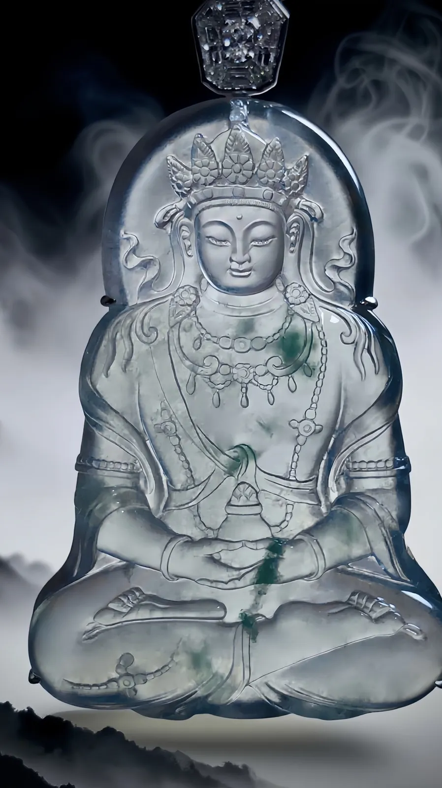 【慈悲普度】，度母，山海玉雕艺术作品，
高品质缅甸天然翡翠料子，
种老水头好。雕工精细，
作品61-42.2-5.2mm，