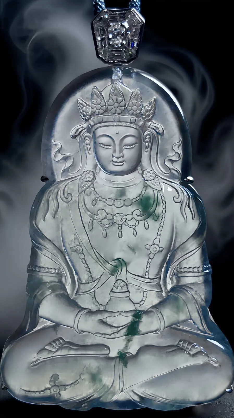 【慈悲普度】，度母，山海玉雕艺术作品，
高品质缅甸天然翡翠料子，
种老水头好。雕工精细，
作品61-42.2-5.2mm，