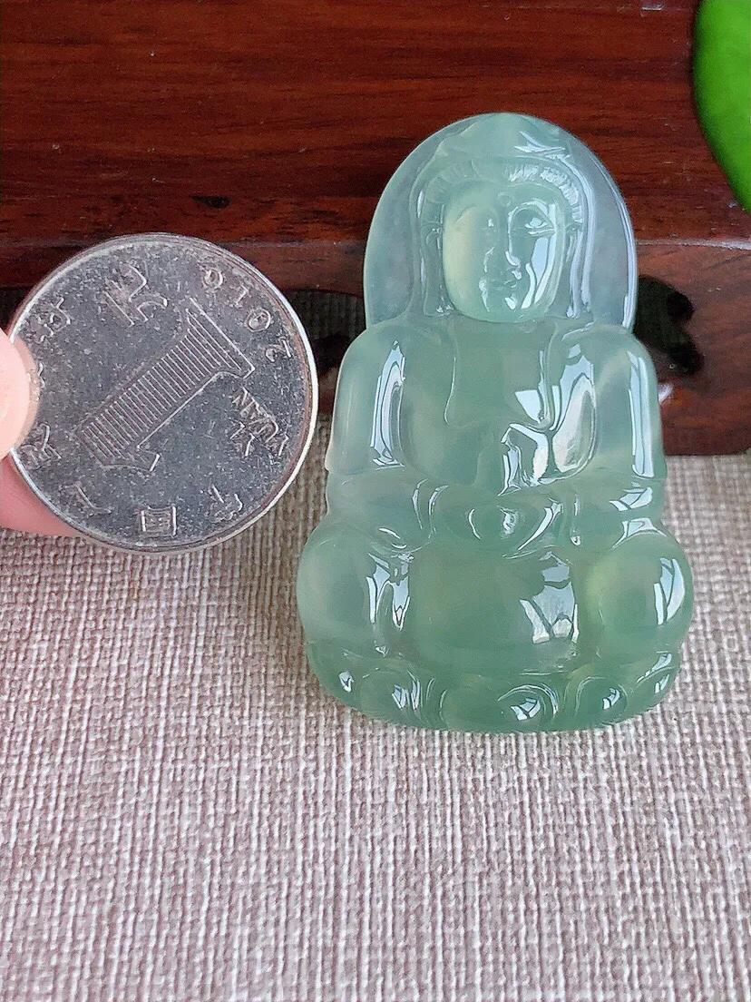 a货翡翠老坑冰种晴水正装观音吊坠 尺寸48.8×31×5mm 重量14.49g 0809