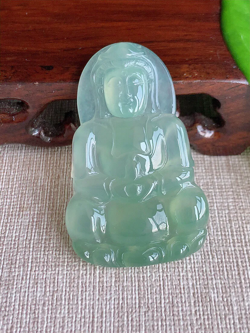 a货翡翠老坑冰种晴水正装观音吊坠 尺寸48.8×31×5mm 重量14.49g 0809