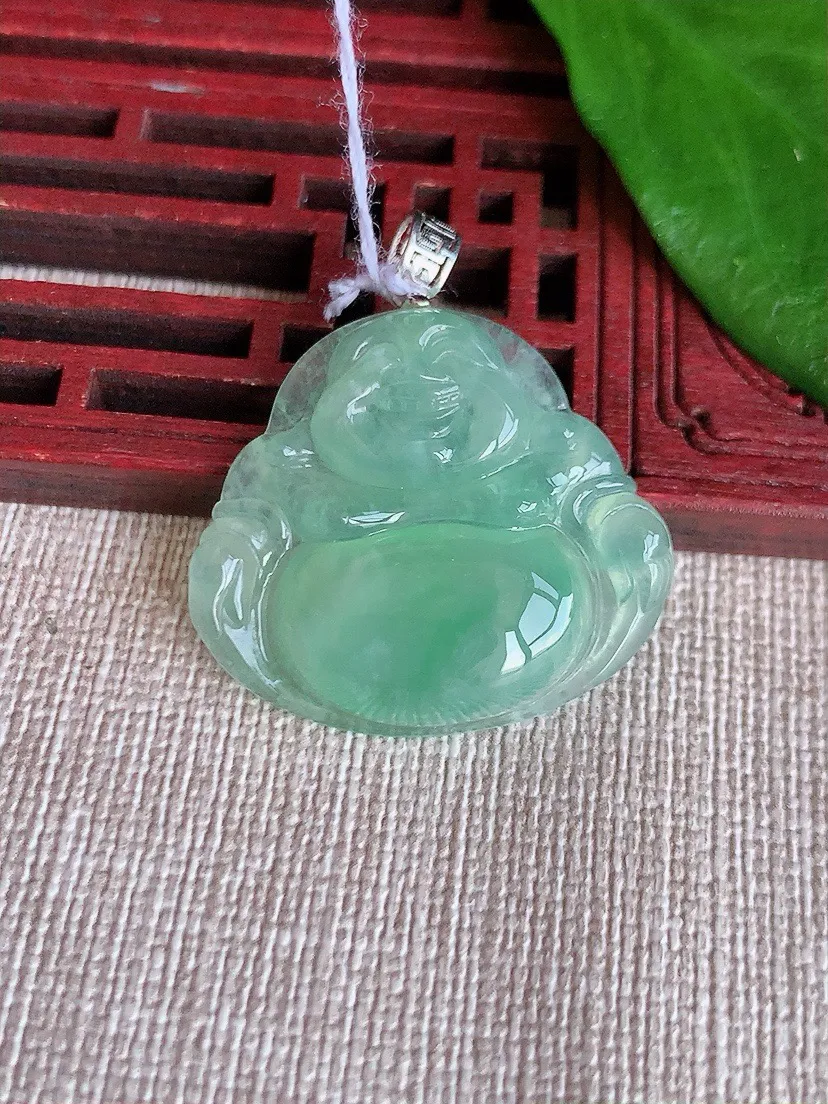 a货翡翠老坑冰种18K金扣头晴绿佛公吊坠 尺寸26×29.6×5.7mm 重量7.05g 0810