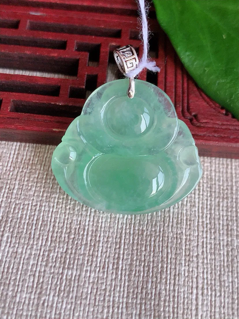 a货翡翠老坑冰种18K金扣头晴绿佛公吊坠 尺寸26×29.6×5.7mm 重量7.05g 0810