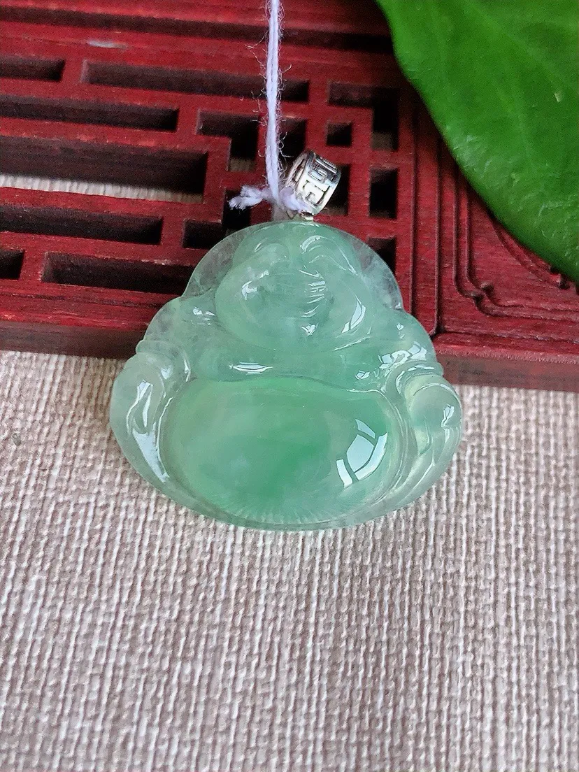 a货翡翠老坑冰种18K金扣头晴绿佛公吊坠 尺寸26×29.6×5.7mm 重量7.05g 0810
