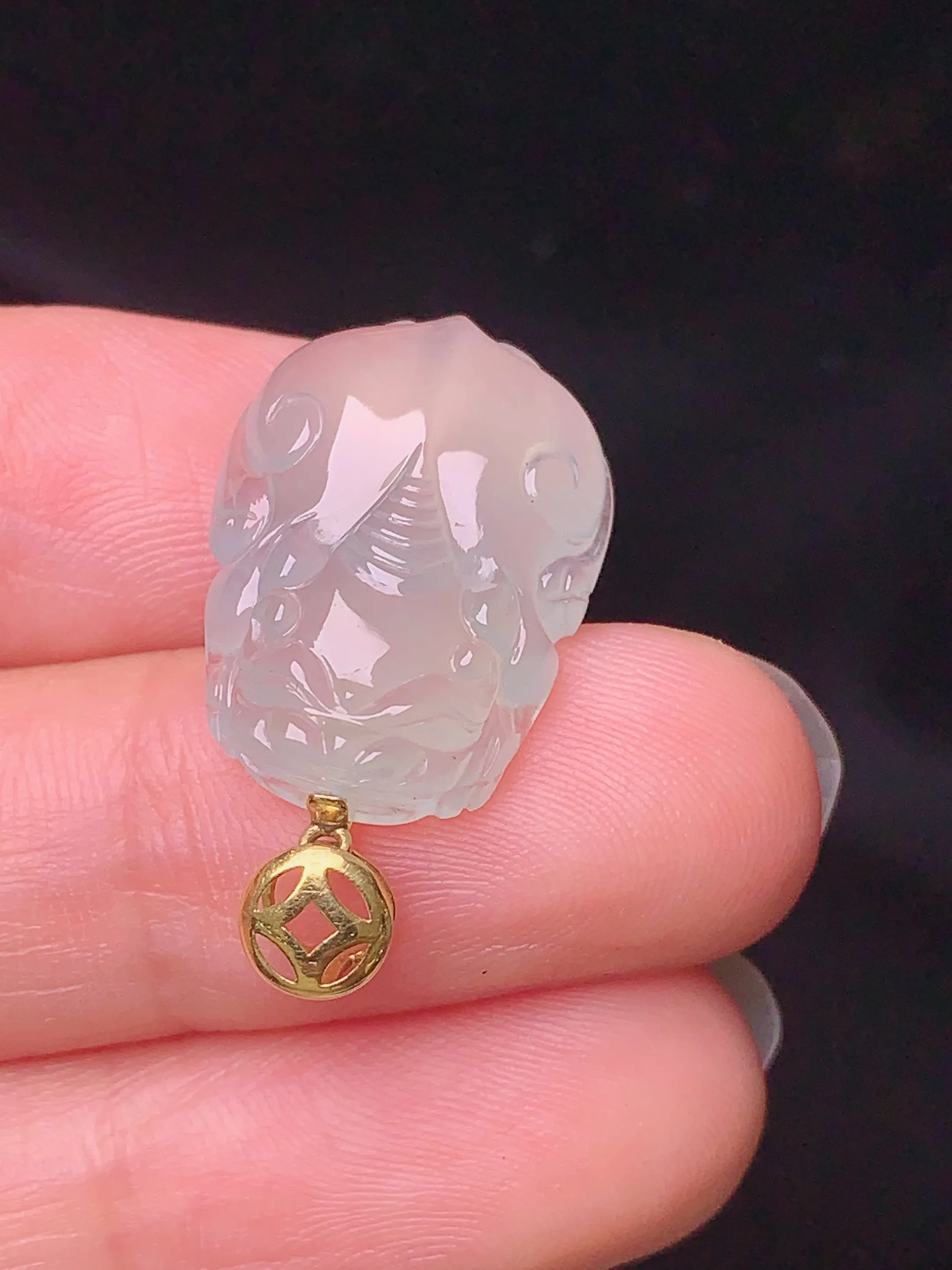 18k金镶嵌冰种貔貅吊坠 玉质细腻 色泽清新艳丽 整体尺寸27*14.5*5.3