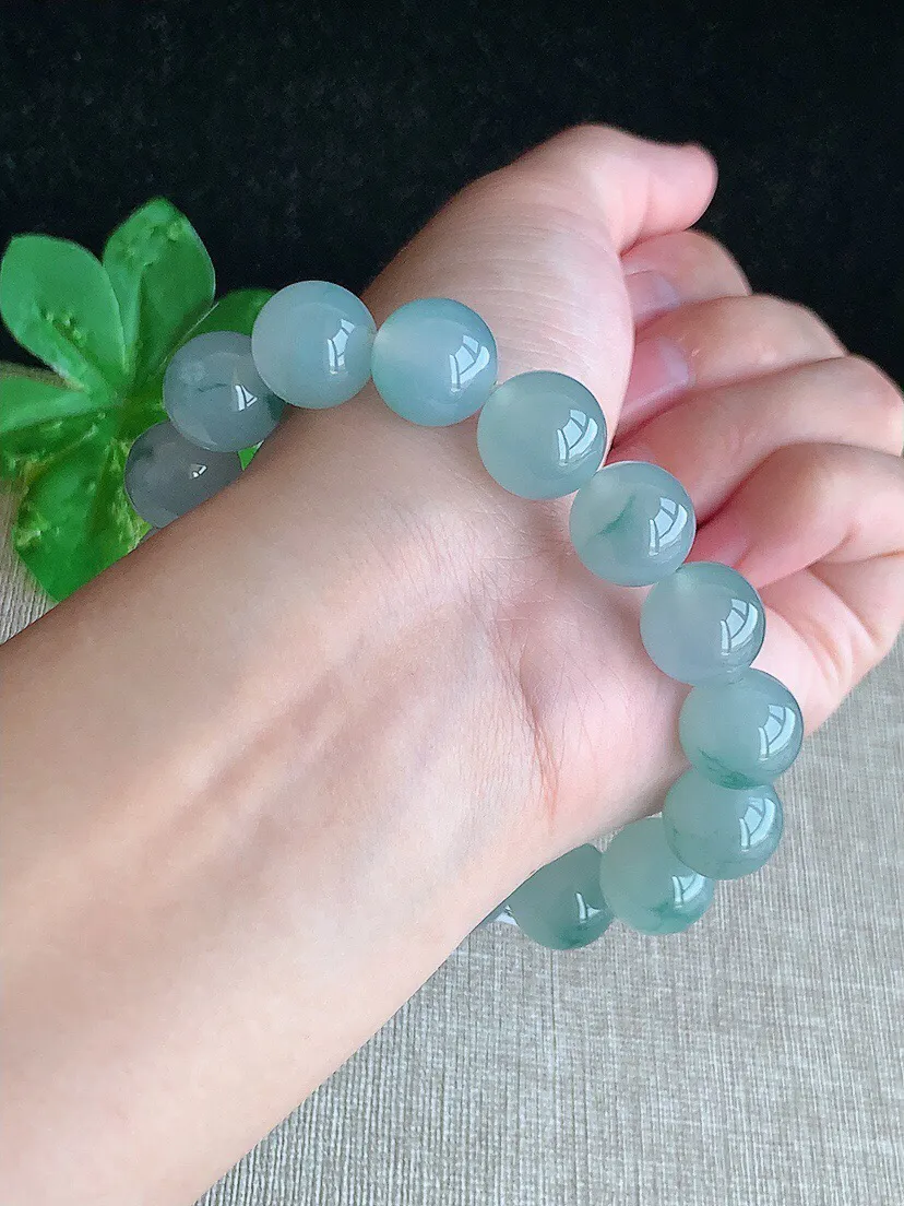a货翡翠老坑冰种飘花圆珠佛珠手串16颗 尺寸12.7mm 重量59.69g 0812