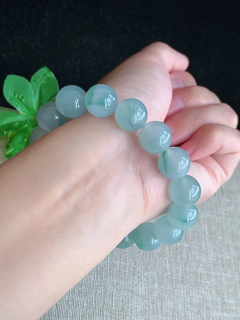 a货翡翠老坑冰种飘花圆珠佛珠手串16颗 尺寸12.7mm 重量59.69g 0812