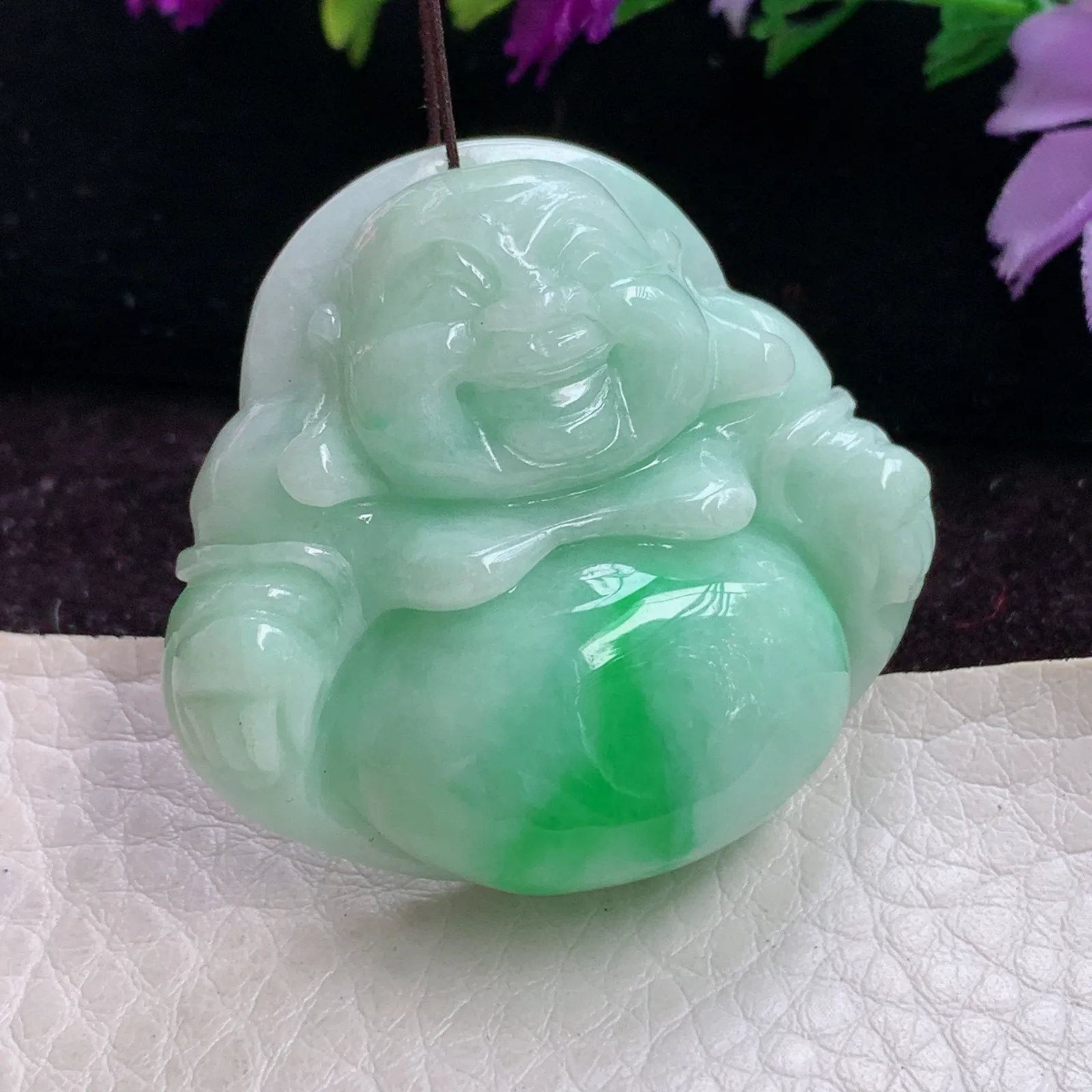 zen实拍37.6*40.5*12.2缅甸翡翠精雕飘阳绿佛公 弥勒佛玉吊坠 玉挂件