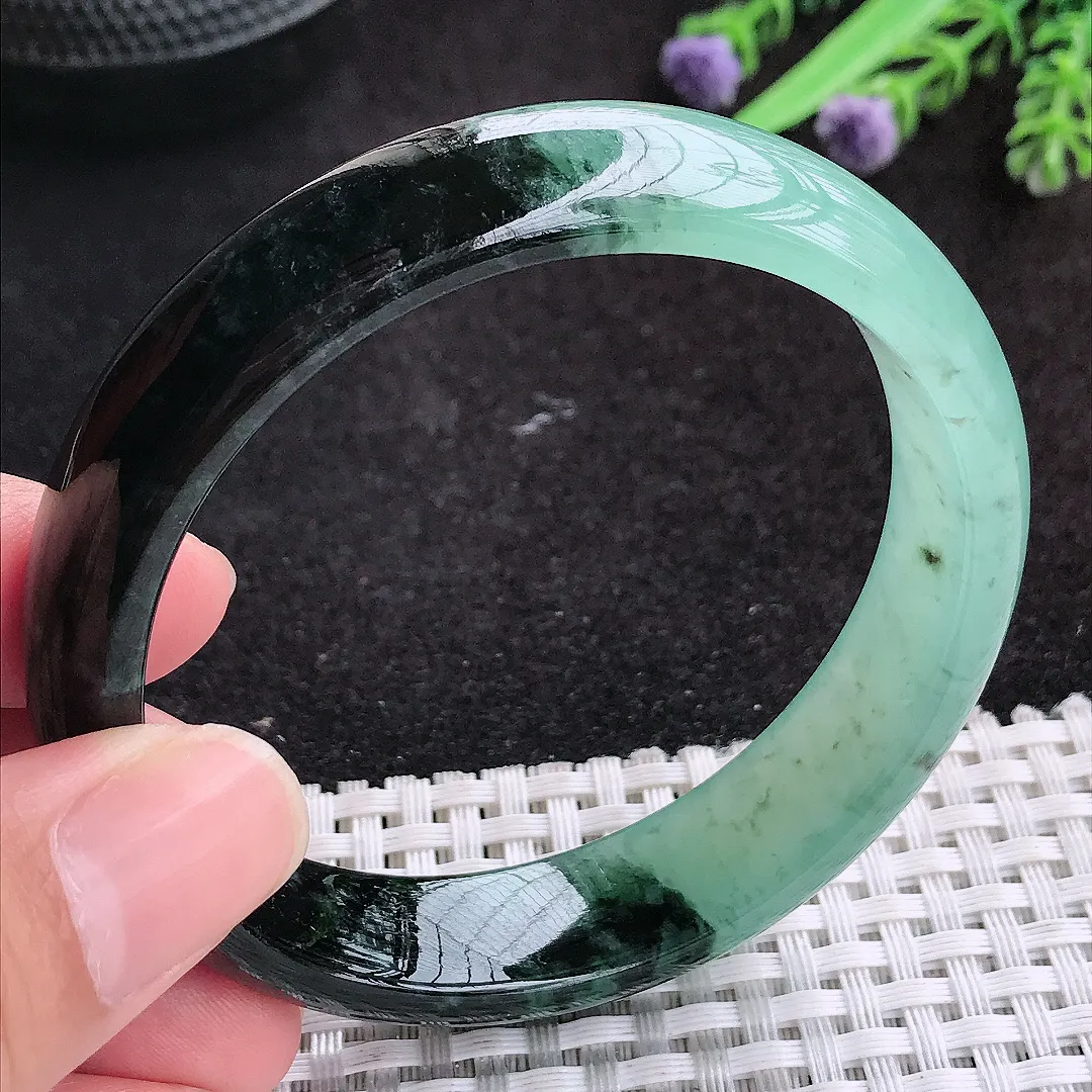 自然光57.5/14/7.5老坑精美冰润特色半山半水飘花手镯天然翡翠玉镯妈妈款百搭