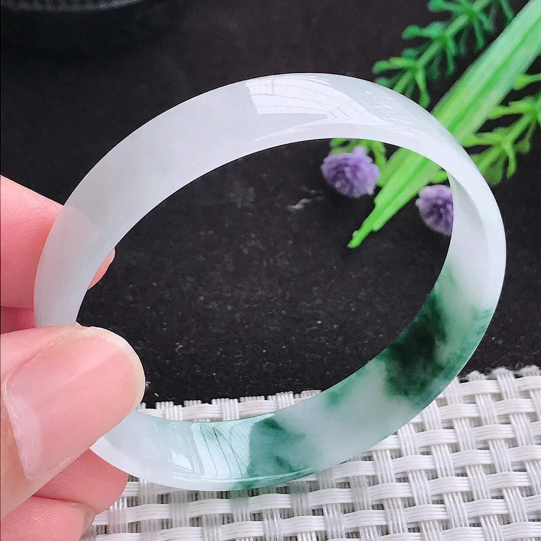 自然光54/11.9/6.2老坑精美冰润飘花福镯天然翡翠手镯女款百搭