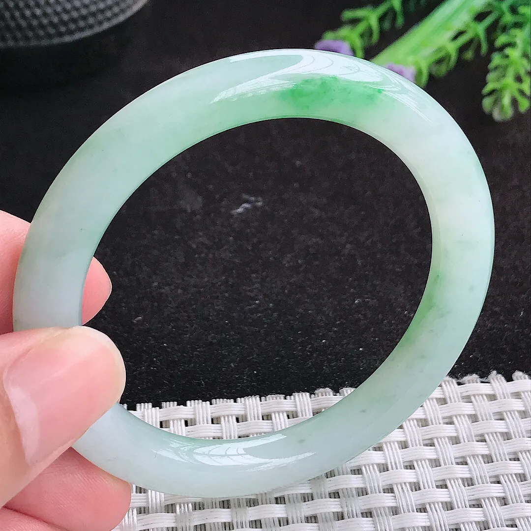 自然光52/7.8/8.6小圈口老坑冰润起胶飘阳绿圆条手镯天然翡翠玉镯女款百搭