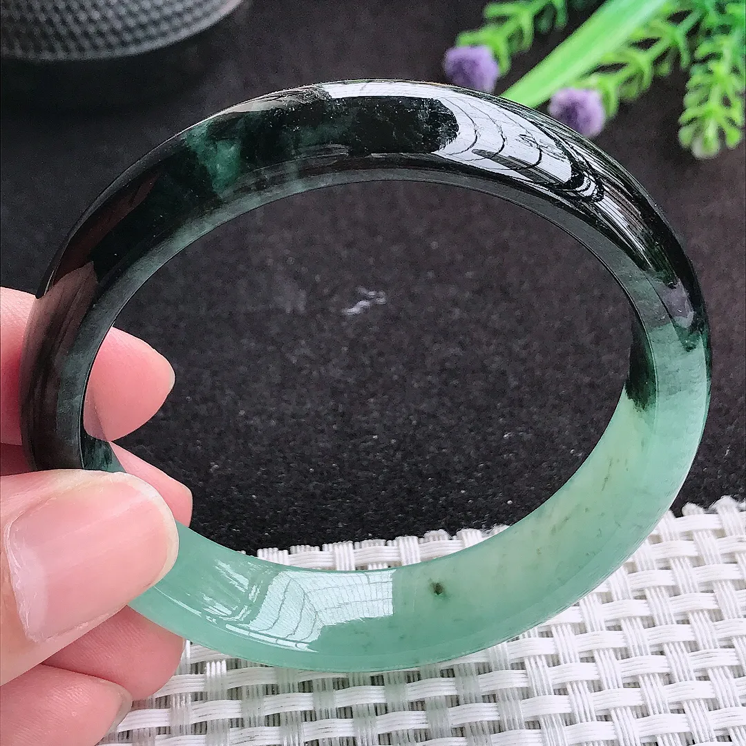 自然光57.5/14/7.5老坑精美冰润特色半山半水飘花手镯天然翡翠玉镯妈妈款百搭