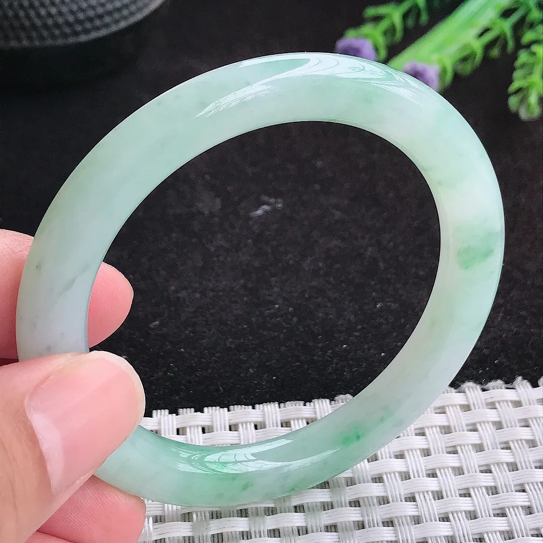 自然光52/7.8/8.6小圈口老坑冰润起胶飘阳绿圆条手镯天然翡翠玉镯女款百搭