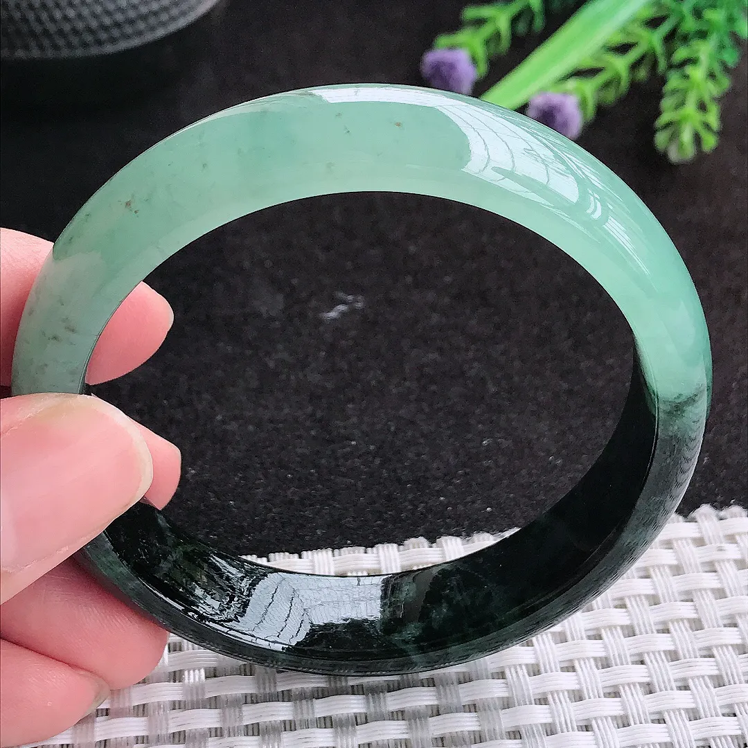 自然光57.5/14/7.5老坑精美冰润特色半山半水飘花手镯天然翡翠玉镯妈妈款百搭