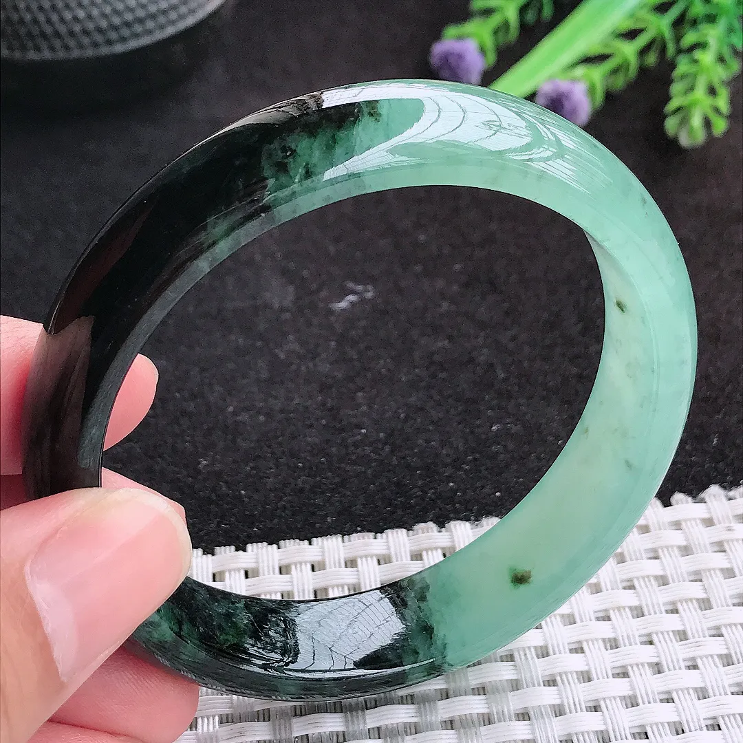 自然光57.5/14/7.5老坑精美冰润特色半山半水飘花手镯天然翡翠玉镯妈妈款百搭