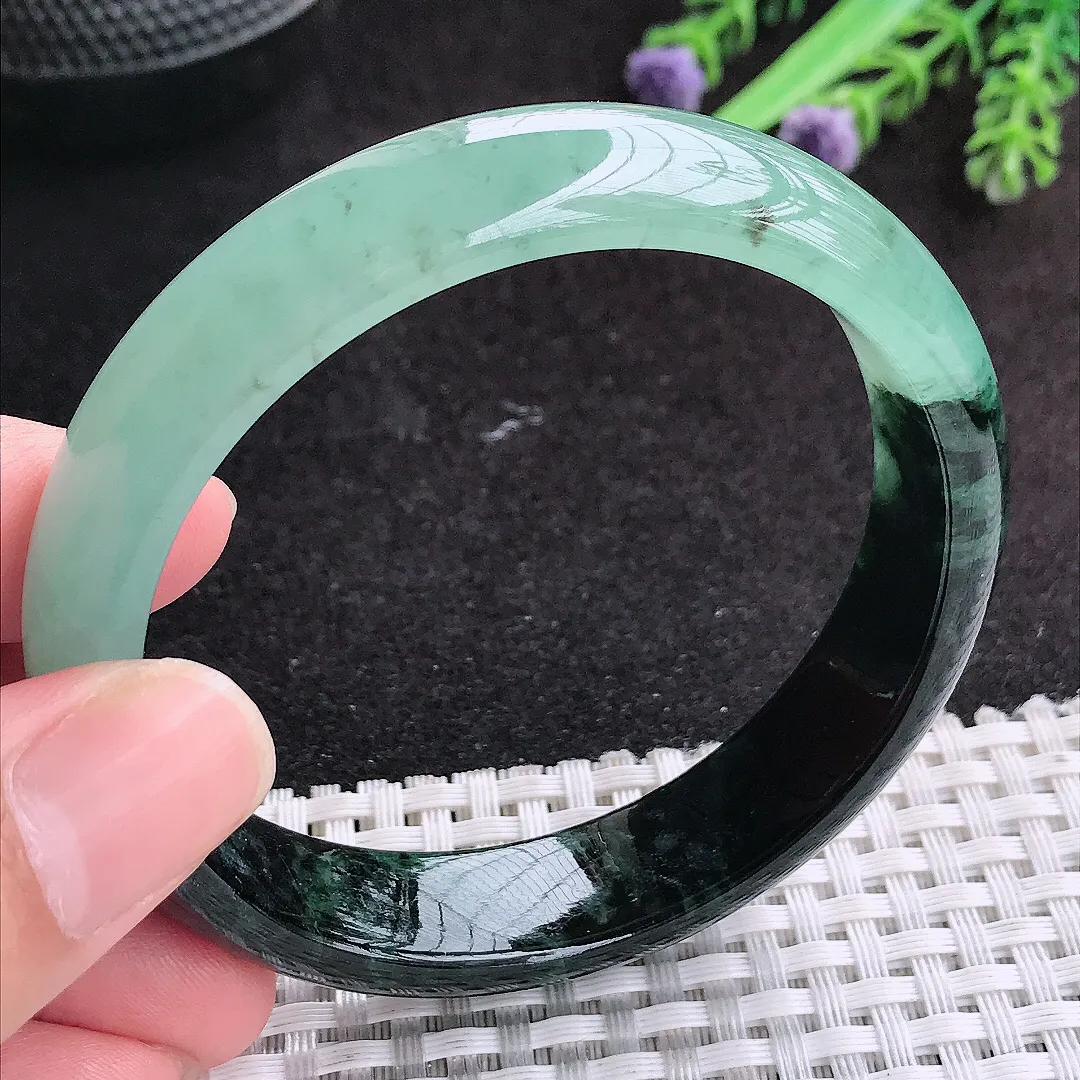 自然光57.5/14/7.5老坑精美冰润特色半山半水飘花手镯天然翡翠玉镯妈妈款百搭