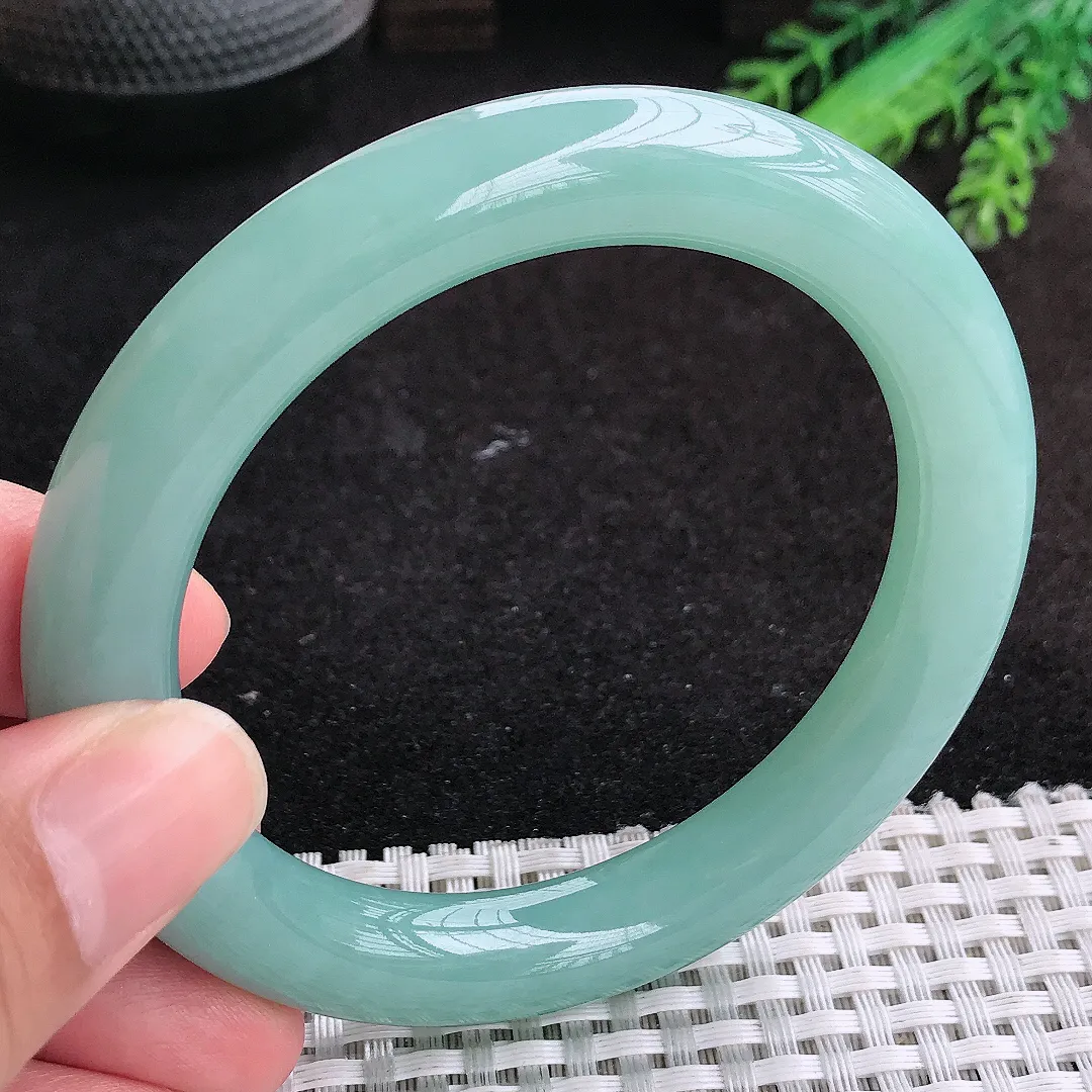 自然光58.5/10.3/10.6老坑冰润起胶满色天空蓝圆条手镯天然翡翠玉镯女款百搭
